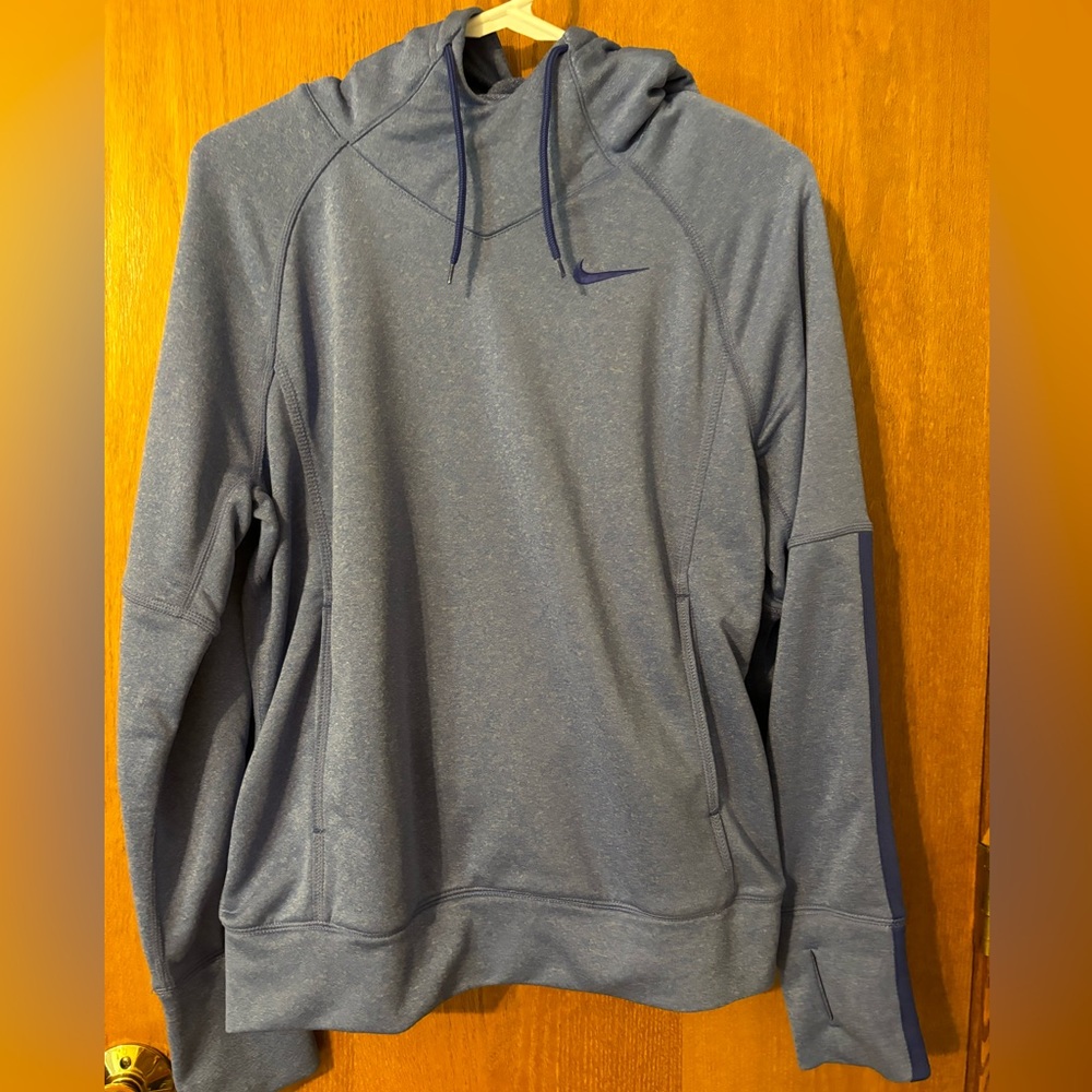 NIKE DRI-FIT Women's L Hoodie‎ Sweatshirt Blue Scuba Neck Thumbholes pockets